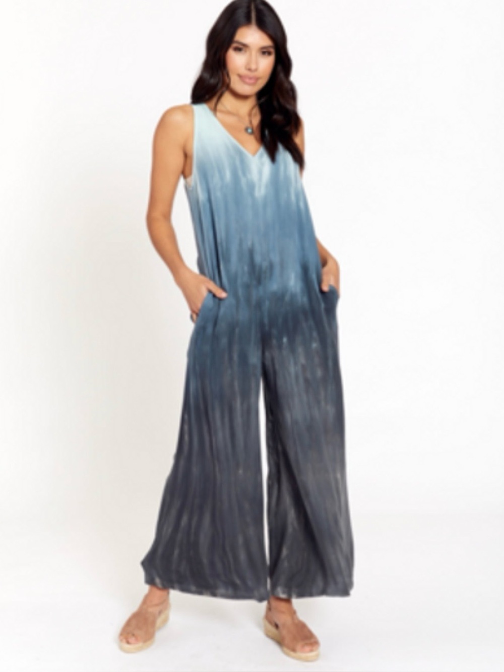 River and Sky Thalia Jumpsuit Tie-Dye Sleeveless V-Neck in Blue & Brown Size L